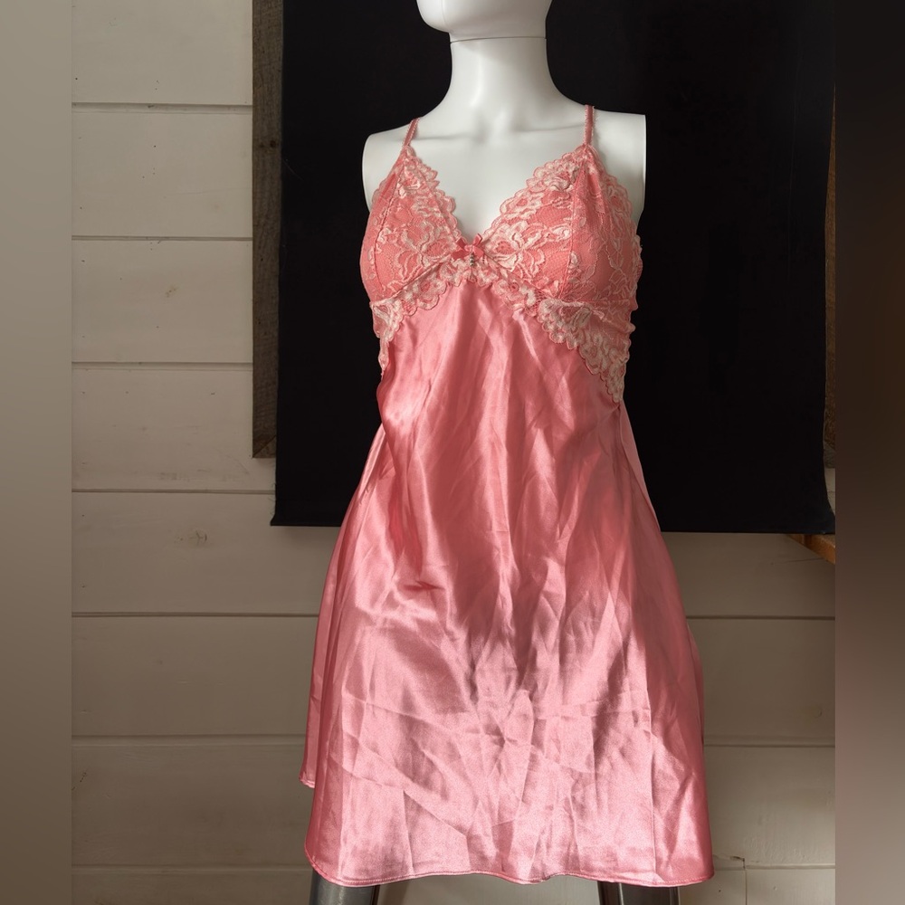 La Vie En Rose Coral Pink Satin Lace Chemise